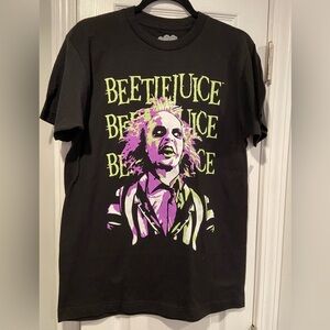 NWT Beetlejuice Size L Black Cotton Crew Neck Tee Shirt Graphic Logo Keaton